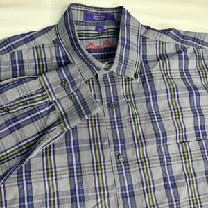 Alan Flusser Button Down Shirt Mens Large Purple Striped Long Sleeve 100% Cotton